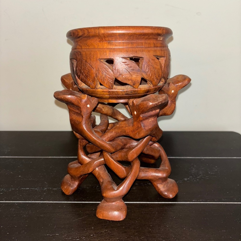 Antique Handcrafted | 100% Teak Wood Bowl & Stand | Naga Decoration| Thai